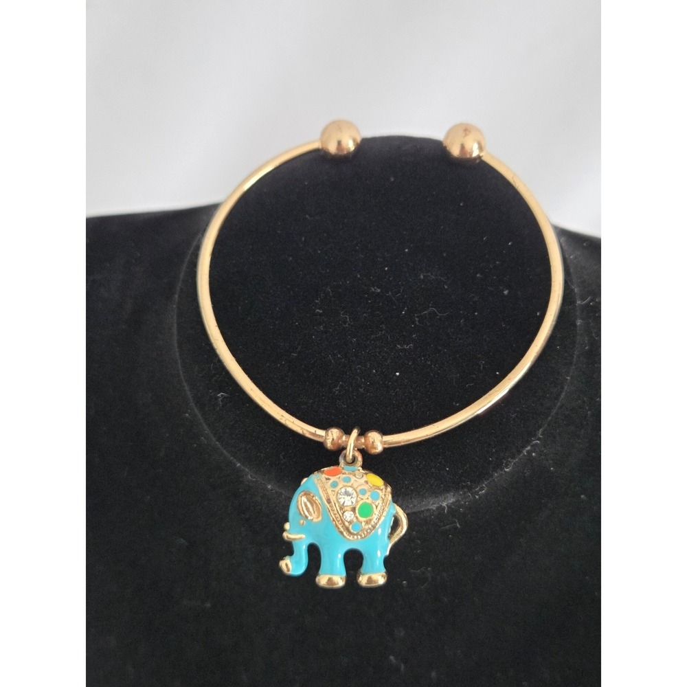 Gold Tone Aqua Enamel Elephant Charm Cuff Bracelet Rhinestone Accents